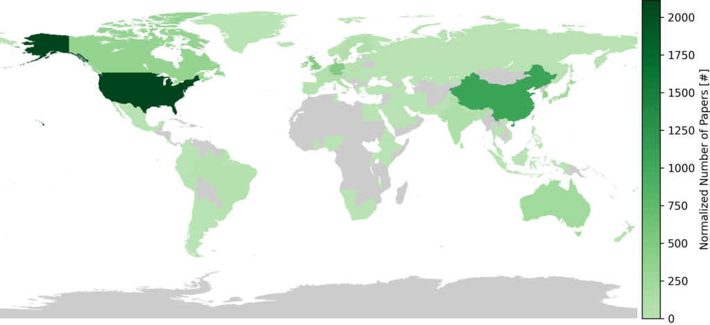The world map shows the normalized number of papers per affiliation country, using a green color scale where darker shades indicate higher normalized paper counts. The United States and China appear with the highest normalized contributions, followed by several countries in Europe and East Asia. Many countries in South America, Africa, and parts of Southeast Asia show lower normalized values or no data. The visualization highlights differences in relative paper contributions across countries after normalization, enabling comparison independent of absolute submission volume.