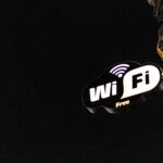 Lit public wifi sign.